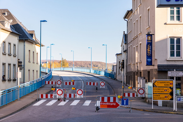 April 2020 photo shows the bridge in Remich closed. Traffic was permitted via other bridges which were closely monitored by police Shutterstock