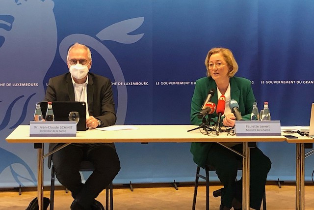 Luxembourg health minister Paulette Lenert is pictured with the health director Jean-Claude Schmit during a televised press conference on Thursday Screengrab