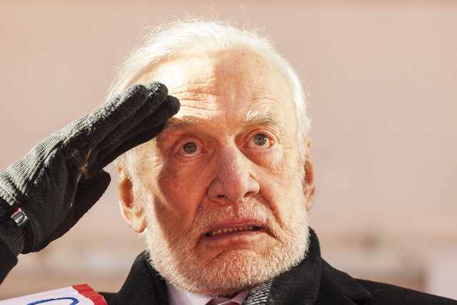 Grand marshal NASA astronaut Buzz Aldrin, shown here saluting veterans at the 99th annual Veterans Day Parade, will be in Luxembourg to celebrate the 50th anniversary of his moon landing Shutterstock