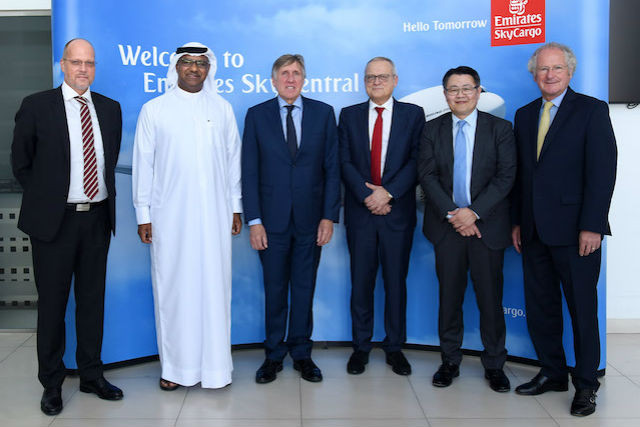Pictured in Dubai on 10 October: Nabil Sultan (second from left), infrastructure minister François Bausch (beside him), Cargolux CEO Richard Forson (second from right) and chairman of Cargolux board Paul Helminger (far right). Cargolux