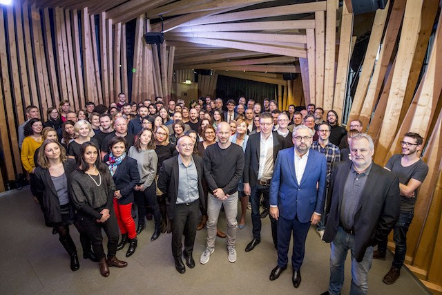 Nearly 100 employees of Maison Moderne pose for a picture during a company meeting that was held at the Rotondes on 22 February 2017. Mike Koedinger, the media firm’s current CEO, is pictured in the front row, second from right. Maison Moderne
