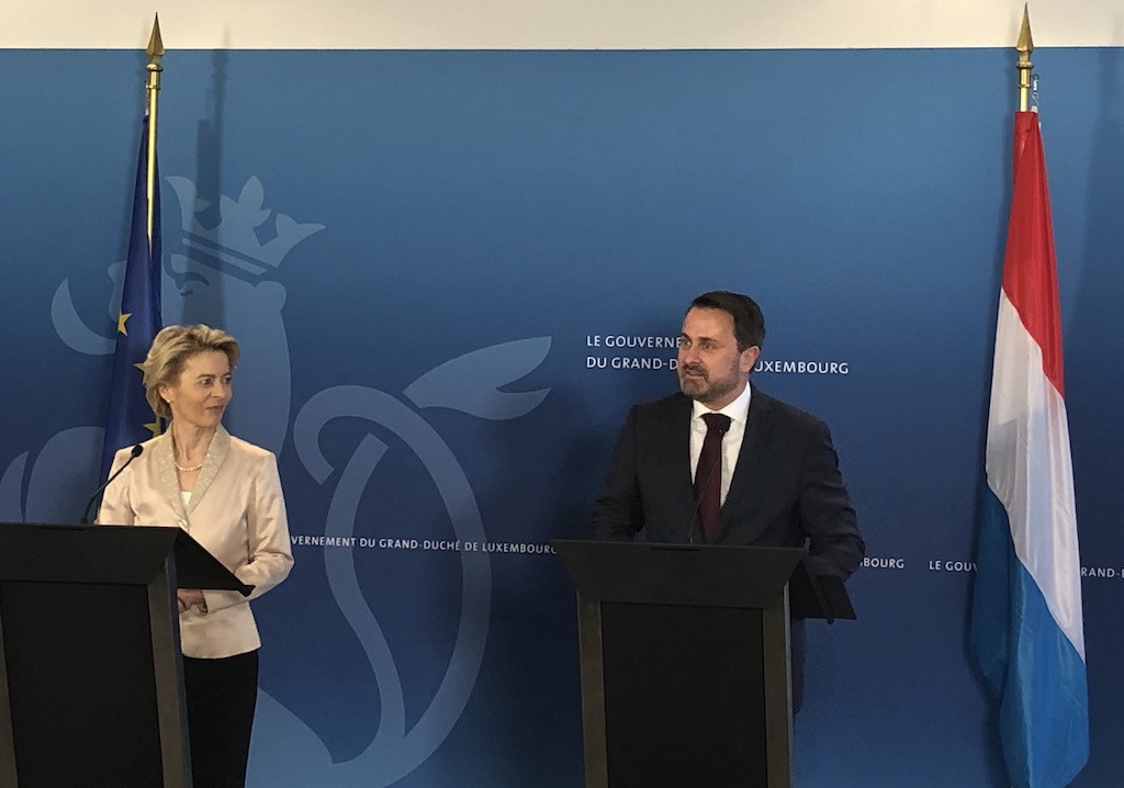 European Commission president Ursula von der Leyen and Luxembourg prime minister Xavier Bettel at their first joint press conference on Monday Delano staff