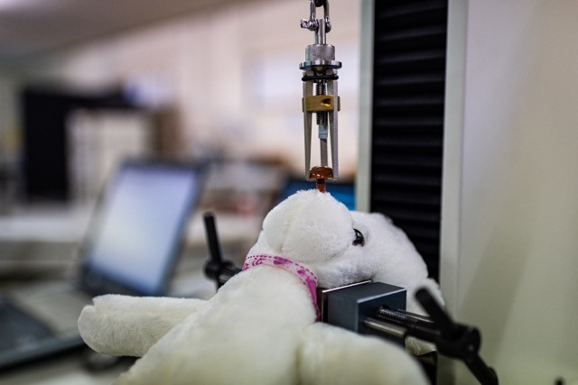 A soft toy is subjected to a resistance test at an Ilnas laboratory in Mamer. If the nose can be easily removed, it could pose a choking hazard to a small child Mike Zenari