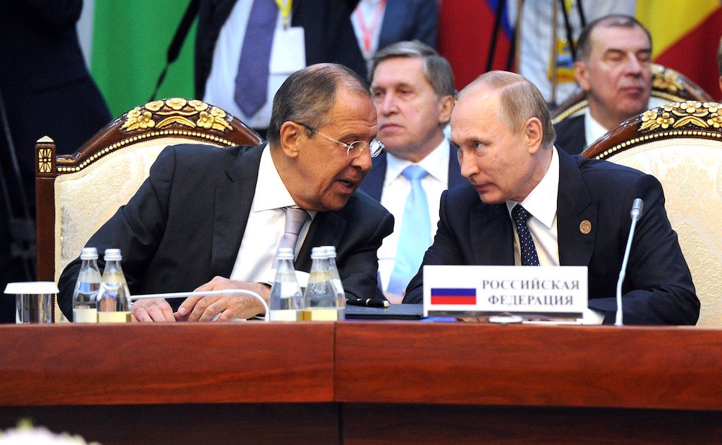 Russian foreign minister Sergei Lavrov, here with Vladimir Putin in September 2016, has said his country was reacting to “absolutely unacceptable actions” in expelling western diplomats. www.kremlin.ru