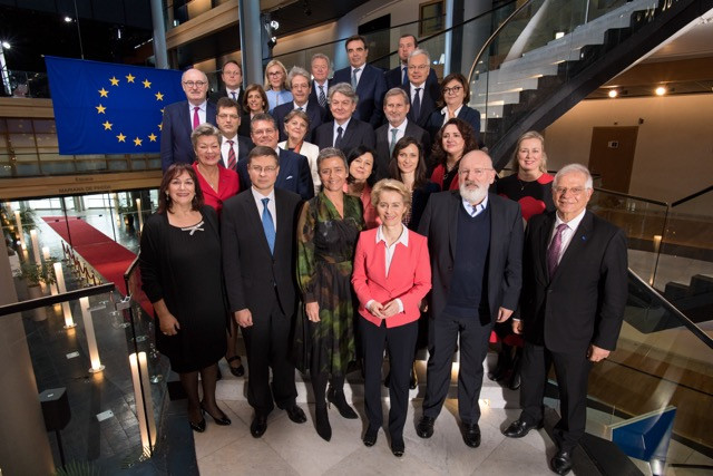 European Commission president Ursula von der Leyen (front, centre) poses with her team at the European Parliament after Wednesday’s vote. European Union 2019