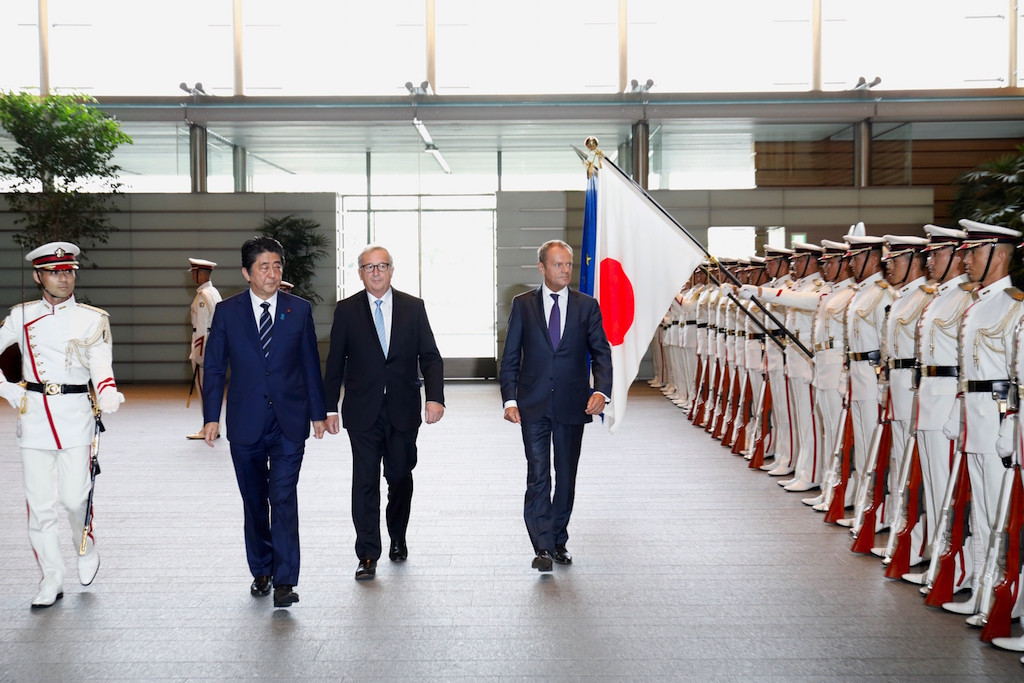 Japanese prime minister Shinzo Abe with Jean-Claude Juncker and Donald Tusk in Tokyo ahead of signing the biggest ever trade agreement negotiated by the EU. European Commission