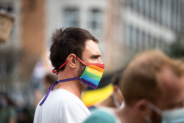 A man shown during a demonstration in Brussels demanding equality for the LGBT+ community in Poland  Shutterstock