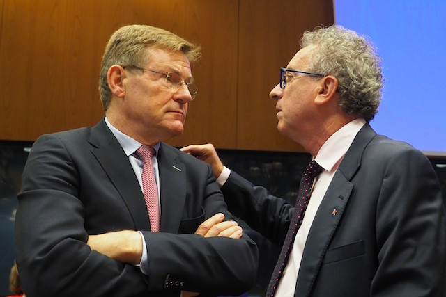 Johan Van Overtveldt and Pierre Gramegna, respectively Belgium’s and Luxembourg’s finance ministers, speak at a EU finance ministers meeting in Luxembourg on 9 October 2017. Both are potential candidates to become new Eurogroup chief early next year. European Council