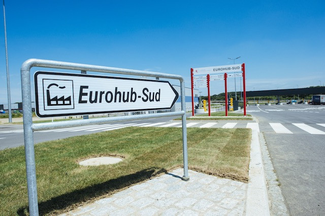Library picture: A sign in front of the Eurohub logistics hub is seen in July 2016 Sven Becker