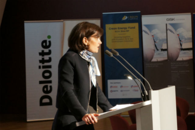 Luxembourg Stock Exchange executive committee member Julie Becker speaks at the Bric conference Delano