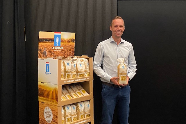 Moulins de Kleinbettingen CEO Jean Muller shown with Le Moulin pasta made of 100% Luxembourg wheat Delano