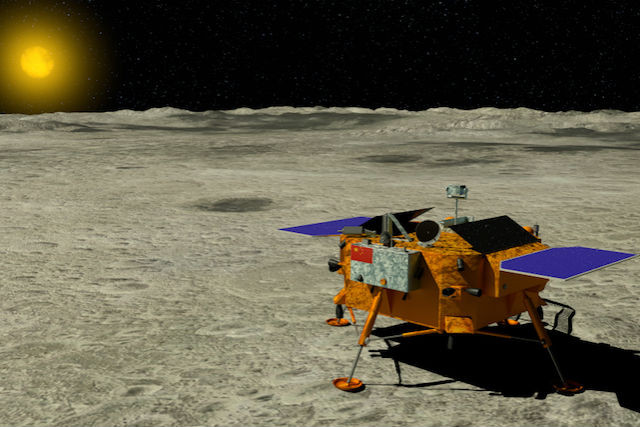 3D illustration shows China's Chang e 4 lunar probe landed on the surface of the moon with the sun in the background Shutterstock