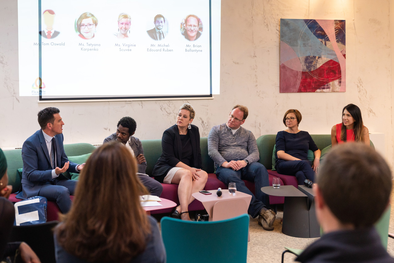 Panelists for the first international working day event, held at The Office City coworking space, included Tom Oswald (ministry of labour), Michel-Edouard Ruben (Fondation Idea), Virginie Scuvée (coach), Tetyana Karpenko (The Loupe), and Sabina Guerrero (The Job Tailors) The Job Tailors