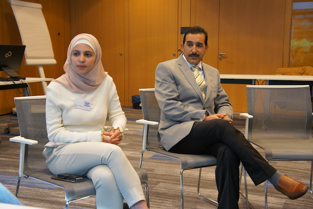 Unicef goodwill ambassador Muzoon Almellehan is pictured with her father at the Luxembourg Chamber of Commerce Delano