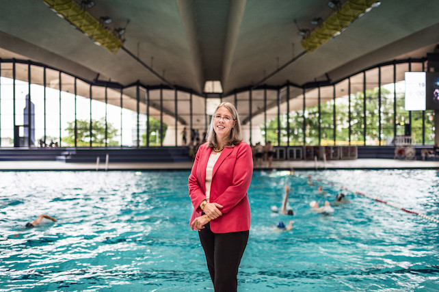Denise Voss, chair of the Association of the Luxembourg Fund Industry, is seen poolside at d’Coque national sports and cultural centre in Kirchberg Mike Zenari