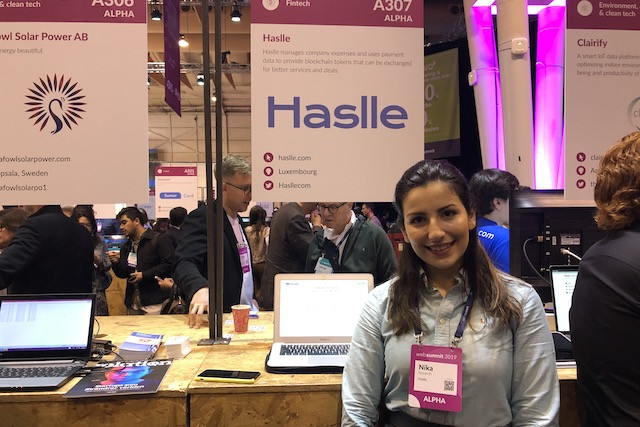 Nika Ketabchi, digital marketing manager of Haslle, at the company's alpha stand at the Web Summit in Lisbon Delano