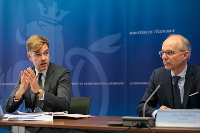 Economy minister Franz Fayot and Chamber of Commerce president Luc Frieden speaking during Tuesday's press conference on internationalisation opportunities for local businesses Matic Zorman