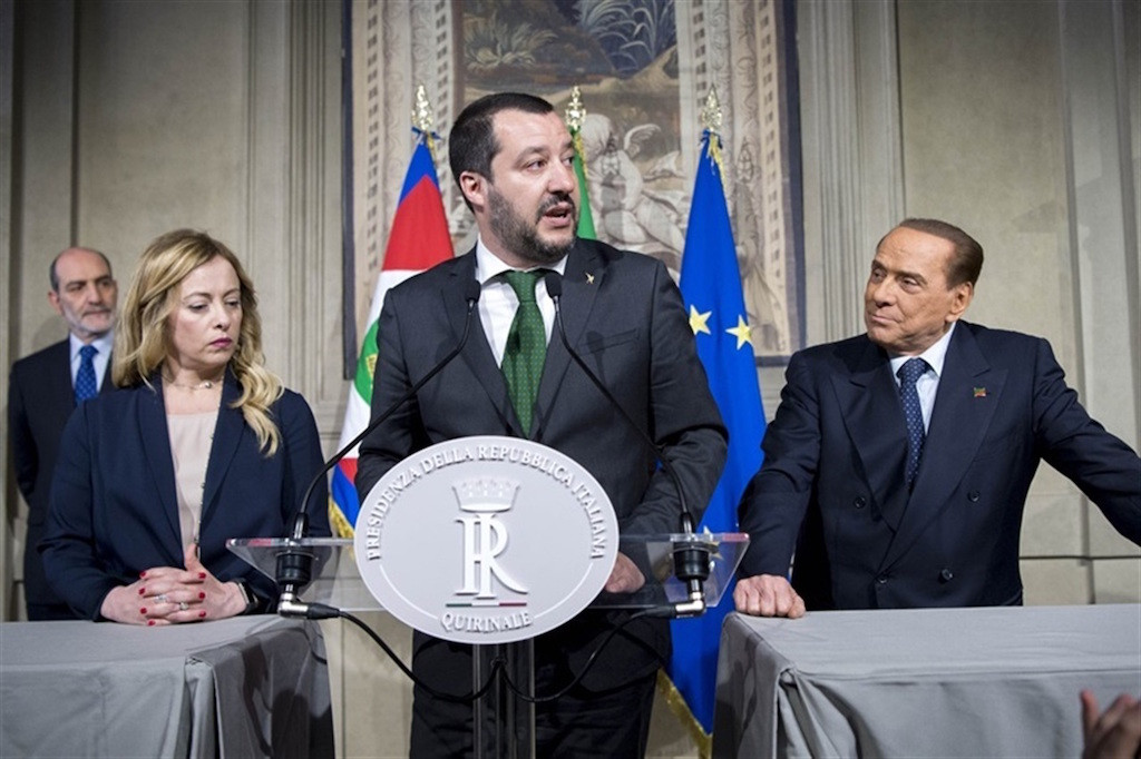 Matteo Salvini (centre) has soured his relationship with Luigi Di Maio over the latter’s insistence that he abandon coalition partner Silvio Berlusconi (right) Presidenza della Repubblica