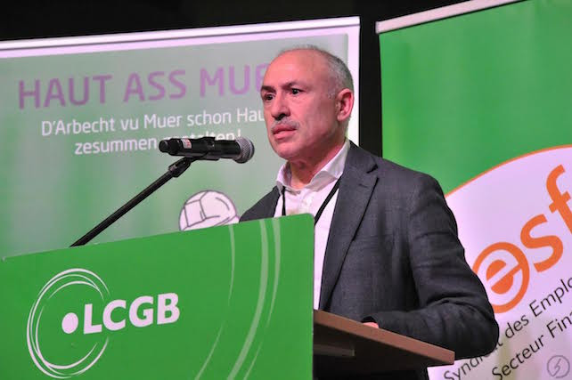 Gabriel di Letizia, president of the SESF trade union for financial sector works, speaks at an anniversary event, 15 March 2018 LCGB/Christian Dupont