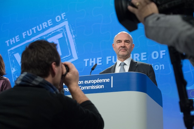 Pierre Moscovici, the EU finance commissioner, is seen at a press conference in Brussels on 18 January 2018. European Commission