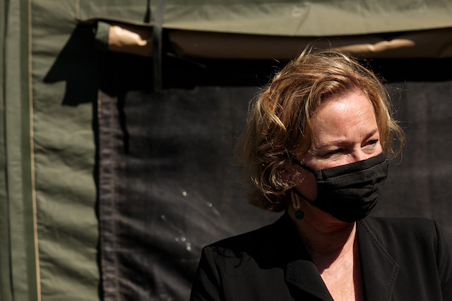 Health minister Paulette Lenert is pictured during a visit to Luxembourg's army field hospital on 20 April 2020 Matic Zorman/archives