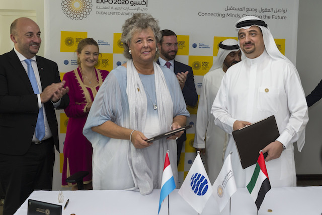 From left: Luxembourg deputy prime minister Étienne Schneider, Crown Princess Stéphanie, Luxembourg Expo2020 commissioner Maggy Nagel, Crown Prince Guillaume, Sheikh Ahmed Bin Saeed Al Maktoum and executive director of Expo2020 Najeeb Al-Ali, in Dubai on 11 October 2017 SIP/Jean-Christophe Verhaegen