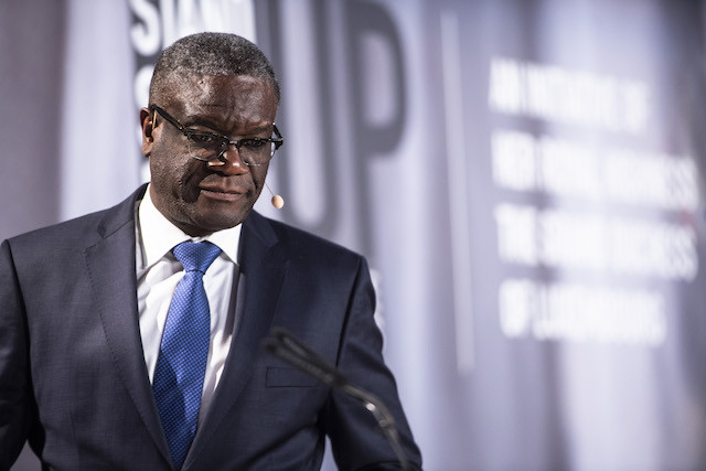 Nobel Peace laureate and human rights activist Dr Denis Mukwege, shown here during his keynote speech at the Stand Speak Rise Up conference on 26 March. Anthony Dehez