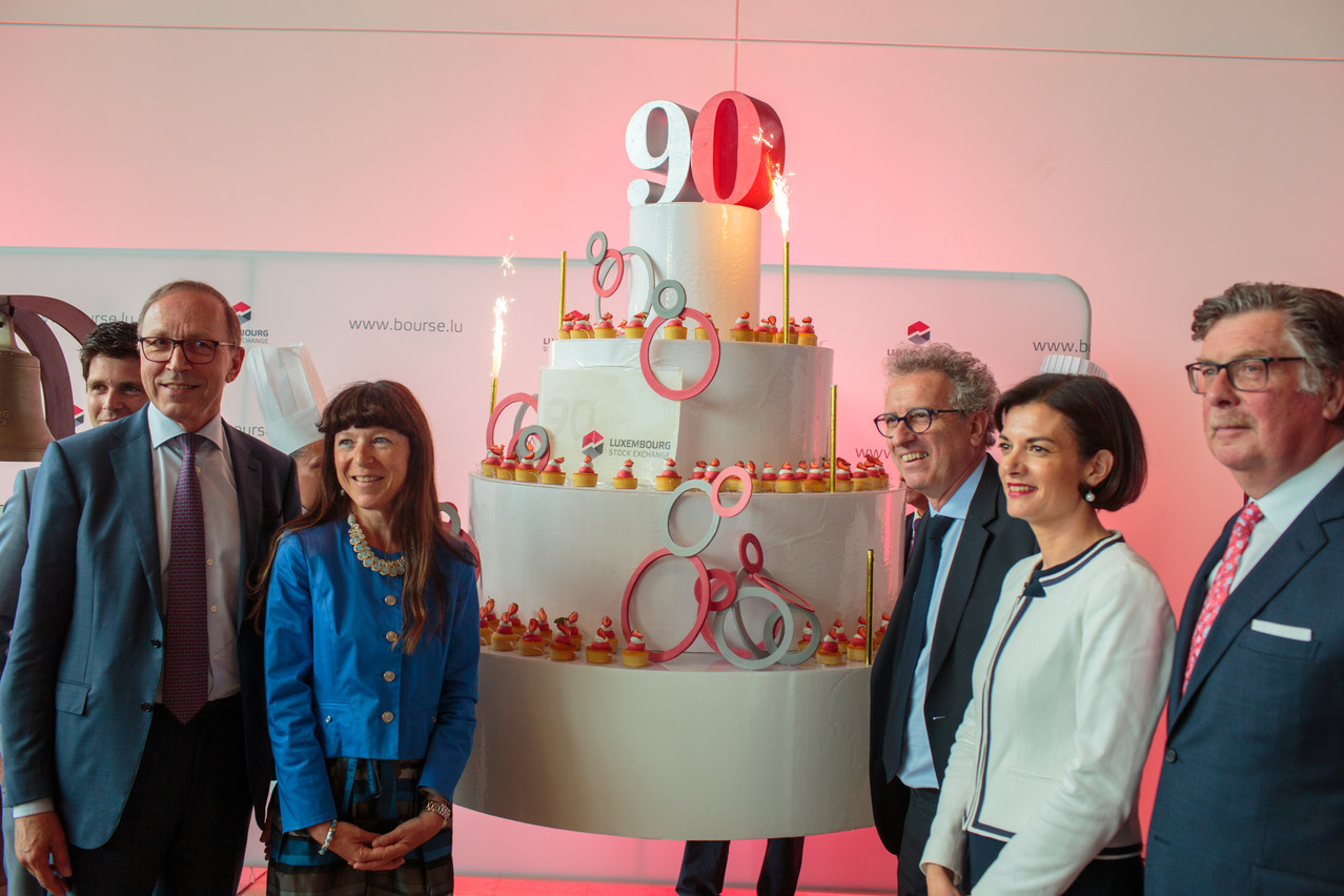 Robert Scharfe, Francoise Thoma, Pierre Gramegna, Juie Becker and Frank Wagener celebrate the Luxembourg stock exchange's 90th birthday Matic Zorman
