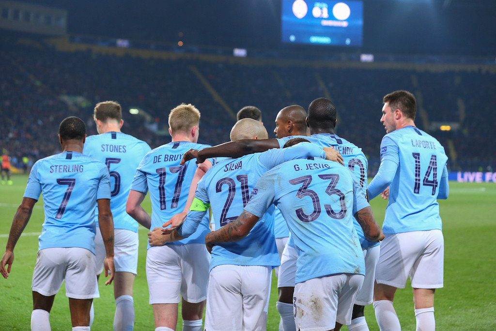 Manchester City players celebrate a goal in their UEFA Champions League match against Shakhtar Donetsk in Ukraine in October this year. The club faces a potential ban from European competition. Oleksandr Osipov / Shutterstock.com