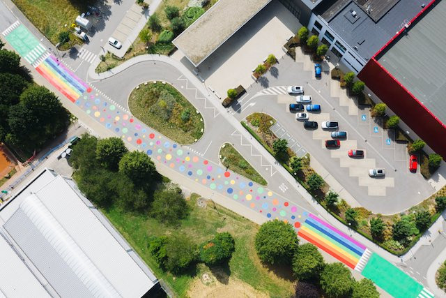 Somewhere over the rainbow. An aerial view of rue Jean Anen in Sanem showing its colourful new road markings.  Sanem commune