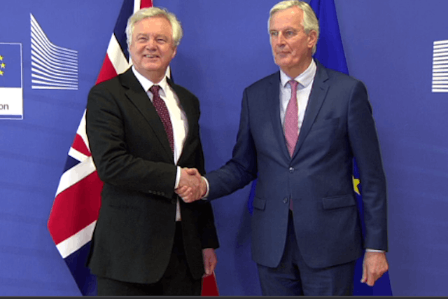UK Brexit secretary David Davis and EU chief negotiator Michel Barnier pictured at a press conference in Brussels on 19 March 2018 European Commission/screengrab