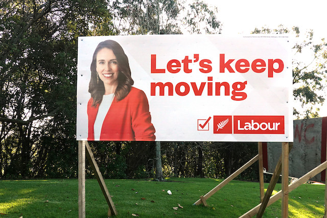 New Zealand prime minister Jacinda Ardern is pictured in this election campaign poster Shutterstock