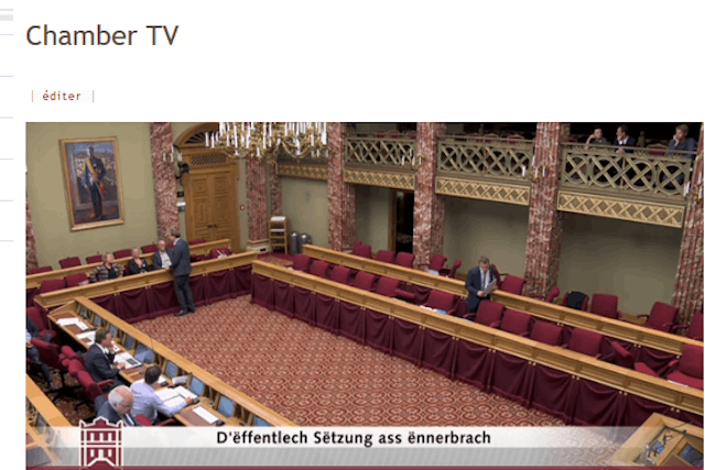 Chamber TV screengrab published on Twitter by parliament shows one side of the parliament seating area empty following Tuesday's walk-out by opposition members Luxembourg Parliament