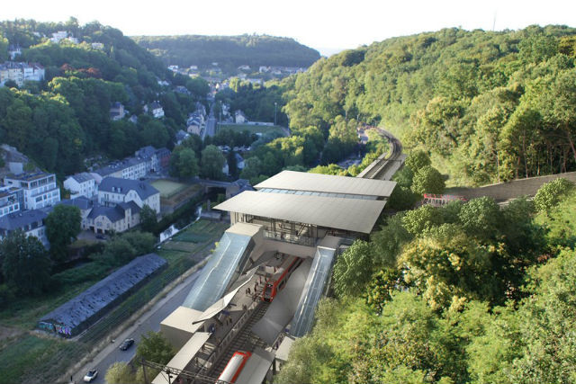 This artists’ impression shows the Pfaffenthal-Kirchberg train station under the red bridge, expected to open on 10 December CFL