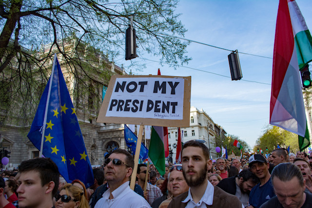 April 2018 photo taken in Budapest, Hungary, at a political protest demonstration against the recently elected government for "real democracy" Shutterstock