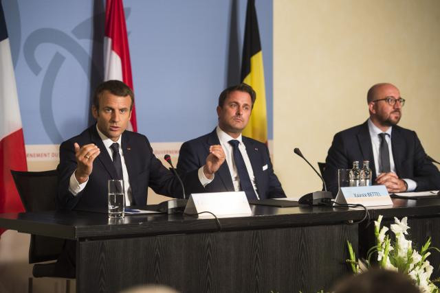 Emmanuel Macron, the French president, Xavier Bettel, Luxembourg’s prime minister, and Charles Michel, the Belgian prime minister, during a summit in Luxembourg on 30 August 2017 during which the EU directive on posted work was discussed Anthony Dehez