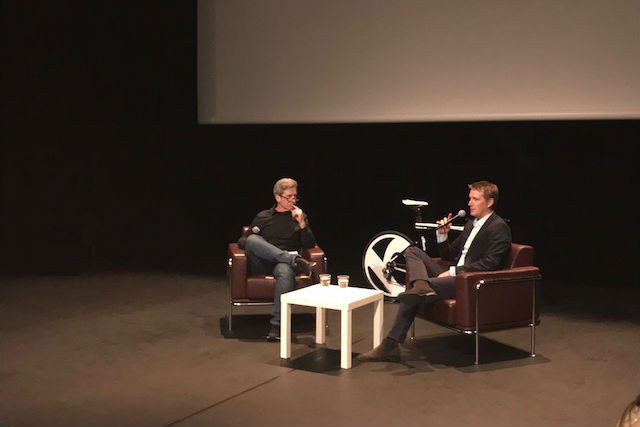 Mike McQuaide of the An American in Luxembourg blog (left) moderated the discussion with Luxembourg cyclist Andy Schleck, 9 October 2018 Delano