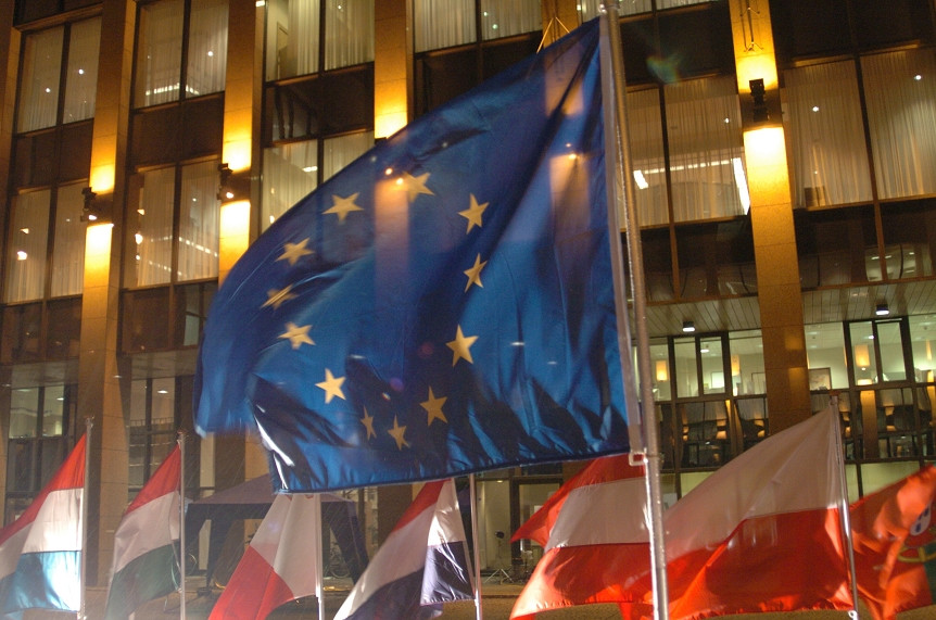 Flags in front of the Justus Lipsius council building in 2003 European Commission