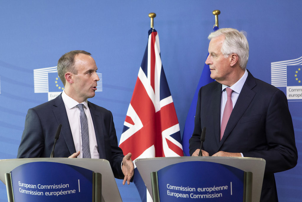 Brexit secretary Dominic Raab with EU chief negotiator Michel Barnier at the European Commission on 19 July. Raab has suggested Britain could refuse to pay the £39 billion Brexit divorce bill unless it gets a trade deal. European Commission