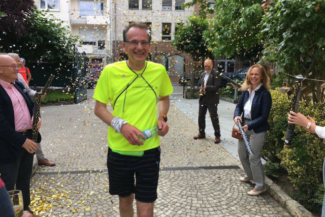John Marshall was greeted at the end of his last run with a welcome party organised by Austrian Ambassador Gregor Schusterschitz @HMAJohnMarshall/Twitter