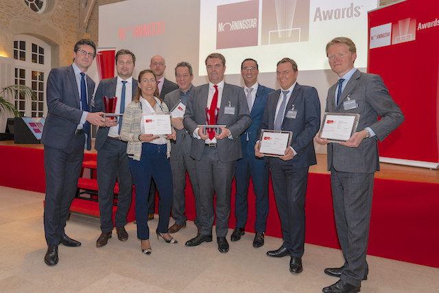 Pictured from left: Philippe de Vandière and Alexandre Marquis of Unigestion, Patricia Kaveh of Banque de Luxembourg Investments SA, Ronald van Genderen of Morningstar, Sino Krijgsman of MFS Meridian Funds, Philippe Goettmann of T. Rowe Price, Jeffrey Schumacher of Morningstar, Lars Rosenfeld of Inter-Portfolio and Lodewijk van der Kroft of Comgest. They are seen during the 2019 Morningstar Luxembourg Fund Awards ceremony held at the Centre Culturel Schéiss, 14 March 2019 Morningstar