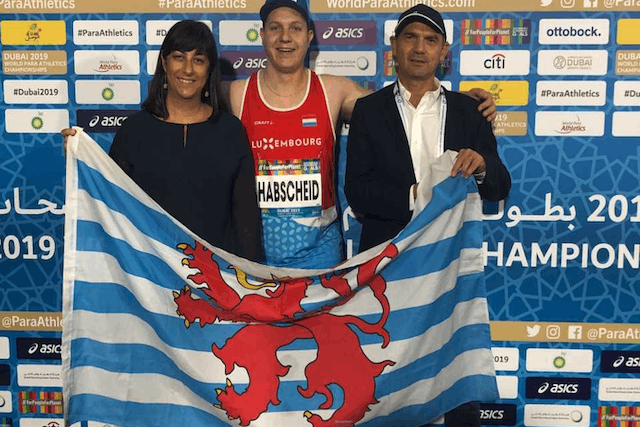 Athlete Tom Habscheid is pictured in the centre with Luxembourg ambassador to the United Arab Emirates Elisabeth Cardoso and coordinator to the sports ministry Laurent Deville. Sports ministry