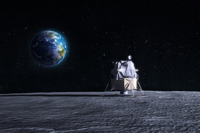 CG render of the original Apollo mission space craft on the moon with planet earth in the background Shutterstock