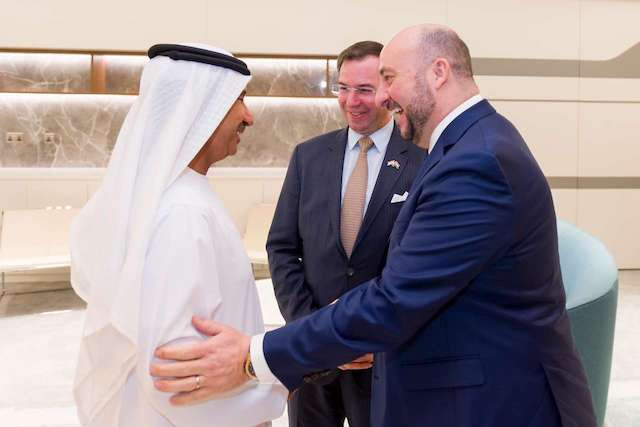 Luxembourg crown prince Guillaume and economy minister Étienne Schneider are pictured being welcomed by Mohammed Nasser Al Ahbabi, Director General of UAE Space Agency, at Abou Dhabi Global Market (ADGM), on 27 January 2020 Jean-Christophe Verhaegen