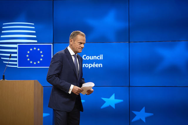 Donald Tusk, president of the European Council, is seen shortly after speaking with the press in Brussels, the morning of 8 December 2017 European Council