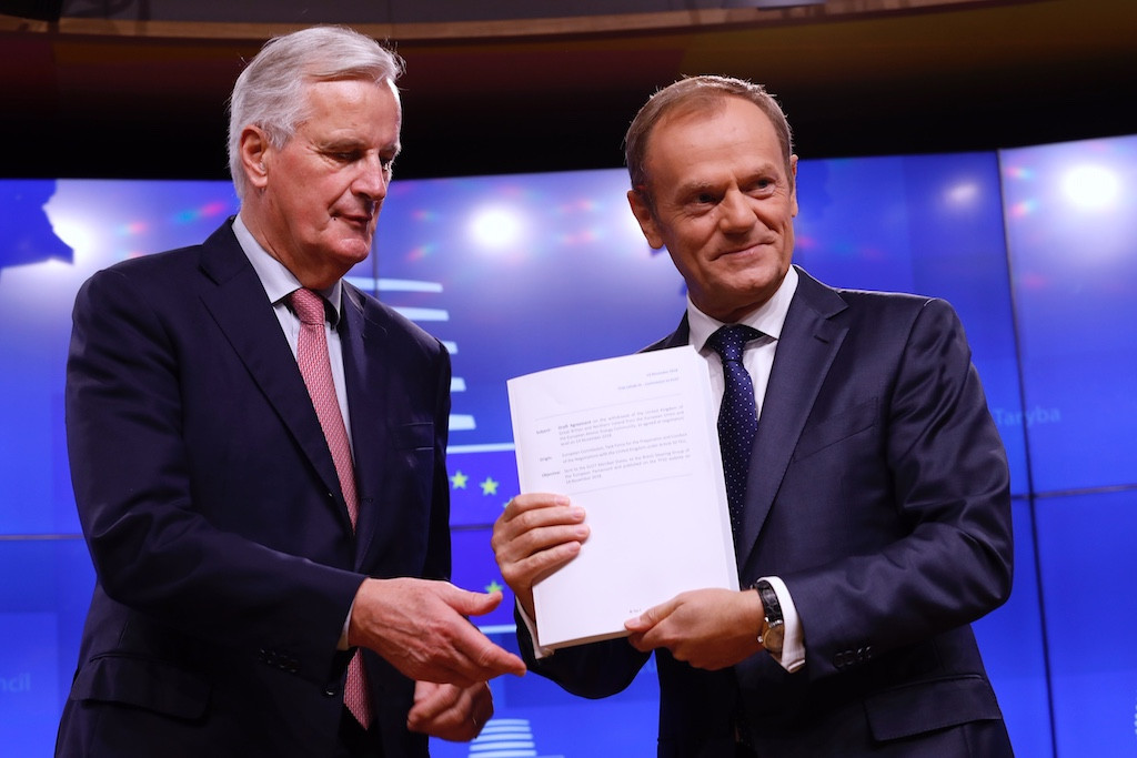 Michel Barnier presents the draft Brexit withdrawal agreement to Donald Tusk in Brussels on Wednesday 14 November. European Union