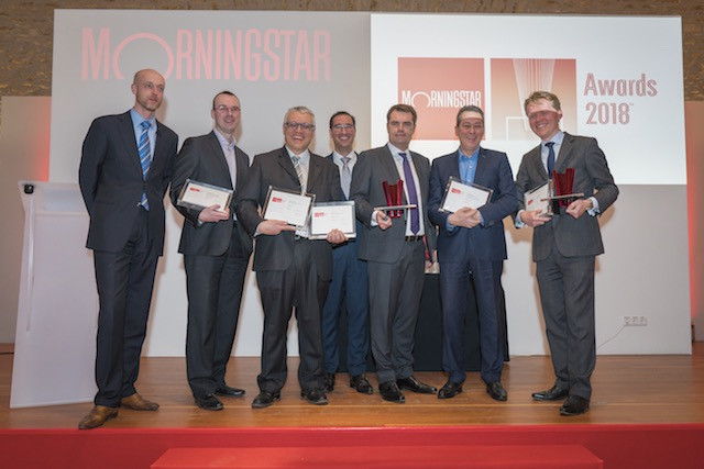 Recipients of the 2018 Morningstar Luxembourg Fund Awards pose for a picture during the prize-giving ceremony, held at the Schéiss cultural centre in Luxembourg-Belair, 23 March 2018 Morningstar