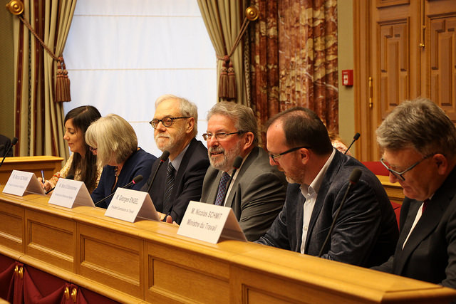 Vera Haas-Gelejinsky, a senior civil servant (on left); Marco Schank, CSV president of the Chamber of Deputies petitions commission (third from left); Mars di Bartolomeo LSAP speaker of parliament (third from right); Georges Engel LSAP MP (second from right); and Nicolas Schmit, LSAP minister for employment (right). They are pictured during a debate on the petition to increase legal vacation days for the private sector on 27 March 2017. Chambre des députés