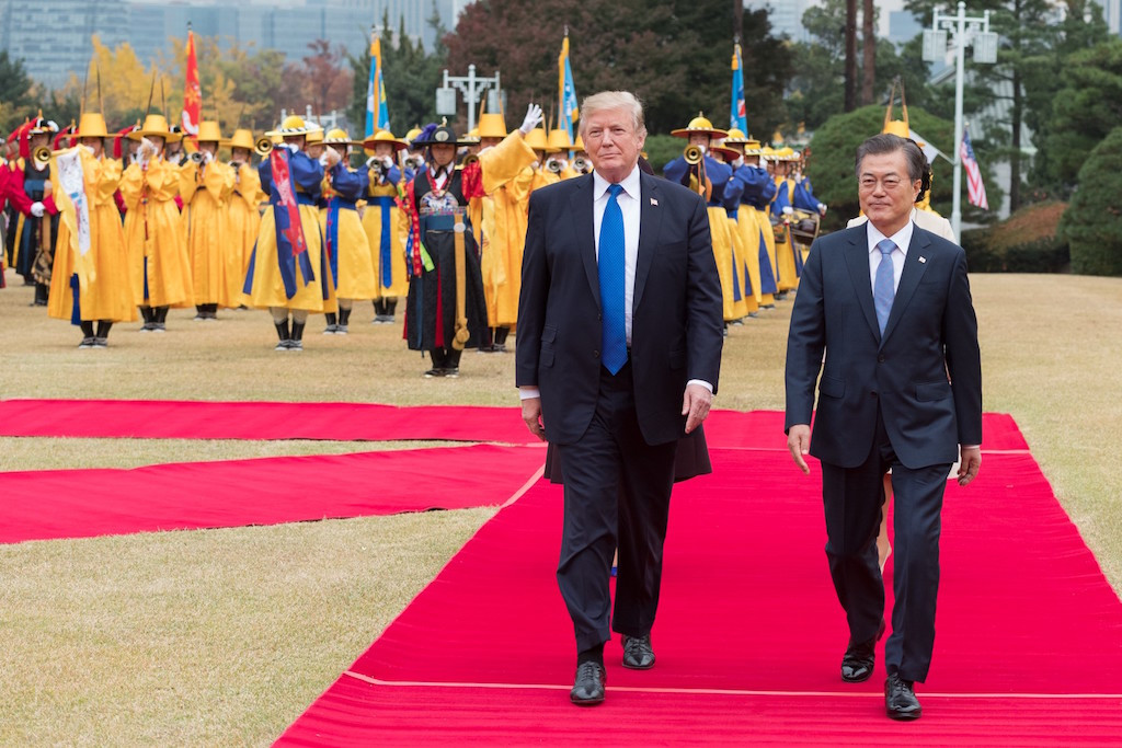 A letter to the Nobel committee praised Donald Trump, here with South Korean president Moon Jae-in in Seoul in November 2017, for his “peace through strength policies” and for his “work to end the Korean War”. White House Photo/Andrea Hanks