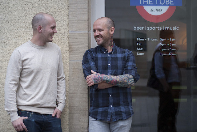 Paul Simpson, co-owner of The Tube, on right, posses with the bar’s manager, Tom Evans, on left, in front of the 18 year old establishment in Luxembourg City The Tube